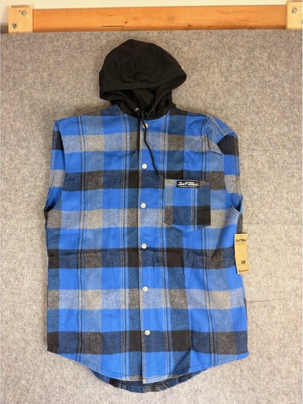 Vintage Surf Style 90s Plaid Flannel Snap Button Sleeveless Hoodie USA S/M